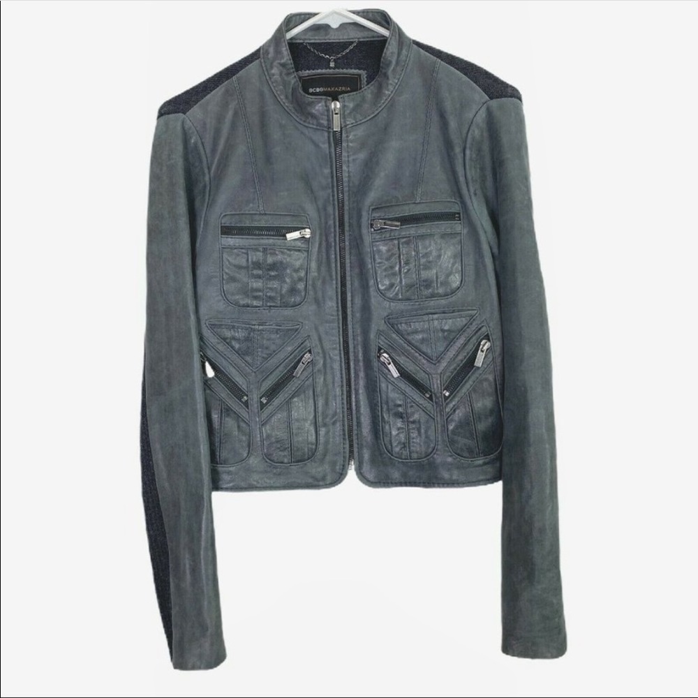 BCBGMaxAzria Leather Moto Jacket Cropped Gray Zippered Pockets Women Small EUC